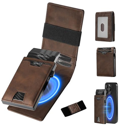 iwantit 3 in 1 MagSafe Wallet Men: Slim Bifold Money Clip + Smart Pop up Card Holder - Cash Strap, Men’s Minimalist Magnetic Wallet, ID Window, Premium Leather (Nubuck Brown) - color: Nubuck Brown