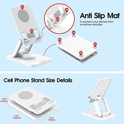 Aiwode 360° Rotating Cell Phone Stand,Desk Phone Holder,Portable Cellphone Cradle,Foldable Phone Stand,for iPhone 14/13/12/11/Pro/Max/Plus/Mini/Pro Max,Samsung,for Smartphones(4-8"),White
