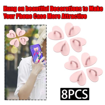 8 Pcs Heart Cell Phone Grip Finger Ring Charm Hooks, Pink Metal Adhesive Finger Grip Loops for DIY Cases, Tablets & Keychains