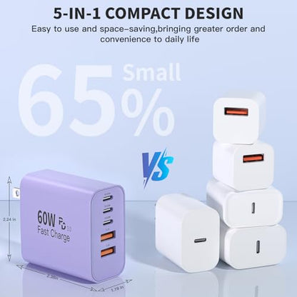3Pack 60W USB C Fast Charging Block,Apple 60W 5Port USBC Wall Charger Block - color: Purple