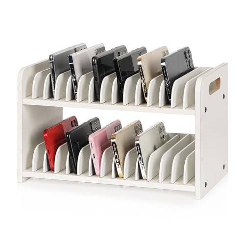 30-Grid Wooden Cell Phone Holder stand with 1-30 Number Stickers, White - color: White