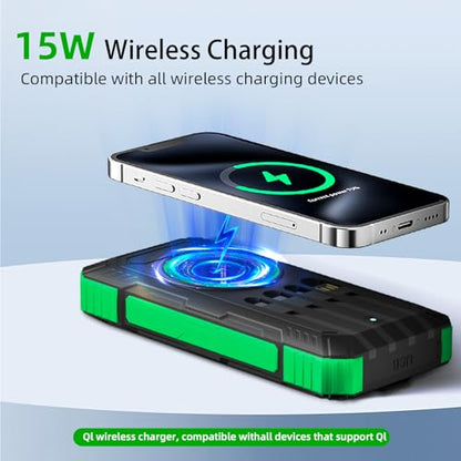 Solar Charger Power Bank 49800mAh Wireless Portable Phone Charger, 22.5W QC3.0 Fast Charging Built in 4 Cables with USB C 6 Outputs & 2 Inputs for All Cell Phone - color: Military Green