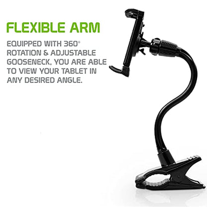 Gooseneck Flexible Cell Phone Holder and Tablet Mount with Clamp. Clip-On Stand for Bedroom Desktop Kitchen Office Car Compatible for iPad Pro Air Mini, Galaxy Smartphones iPhones, Google Pixels
