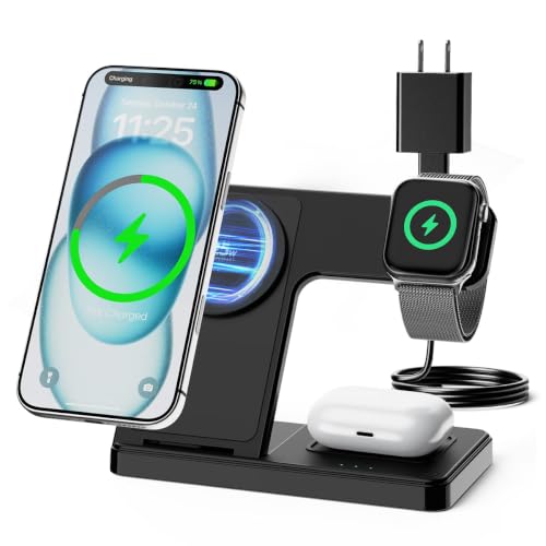 25W Charging Station, 3-in-1 Magnetic Wireless Charger for Apple - color: Black（Foldable）