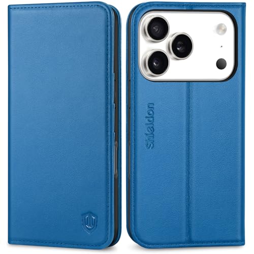 SHIELDON Genuine Leather Wallet Case for iPhone 17 Pro 6.3", Sapphire Blue | Magnetic Closure, RFID Blocking, Credit Card Holder, Kickstand, Folio Design, Shockproof Phone Cover for Men Women - color: Sapphire Blue