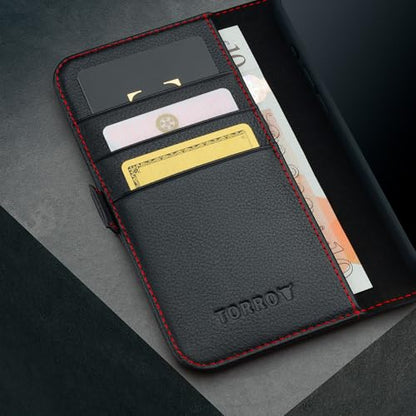 TORRO Premium Leather Case Compatible with iPhone 16 Pro 6.3" – Genuine Leather Wallet Flip Folio Case with Kickstand and Card Slots (Compatible with Official MagSafe Chargers) - Black - color: Black with Red Detail