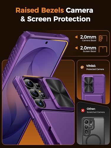 Vihibii for Samsung Galaxy S26 Ultra Case with Card Holder, Dark Purple | RFID Blocking, Slide Camera Cover, Military-Grade Drop Protection, Rugged Hard Back, Silicone Edge Wallet Case, Dark Purple - color: Dark Purple