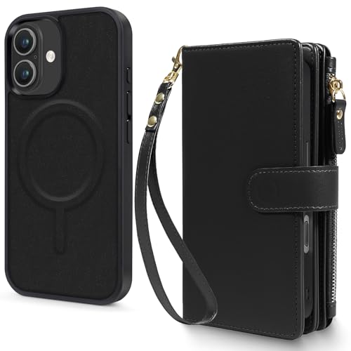 Magnetic Case for iPhone 17 Wallet Compatible with Magsafe RFID Blocking Card Holder Detachable Phone Cover Kickstand Snap Strap Zipper Pocket PU Leather 6.3 inch (Black) - color: Black, size: iPhone 17