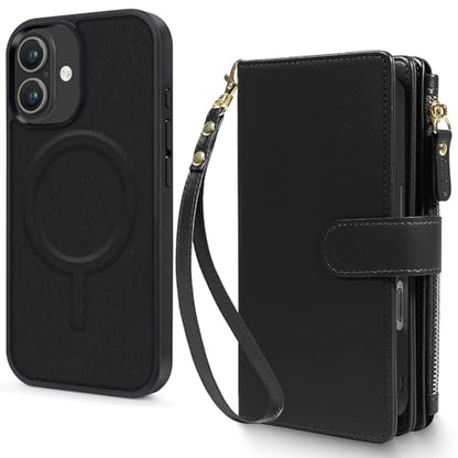 Magnetic Case for iPhone 17 Wallet Compatible with Magsafe RFID Blocking Card Holder Detachable Phone Cover Kickstand Snap Strap Zipper Pocket PU Leather 6.3 inch (Black) - color: Black, size: iPhone 17