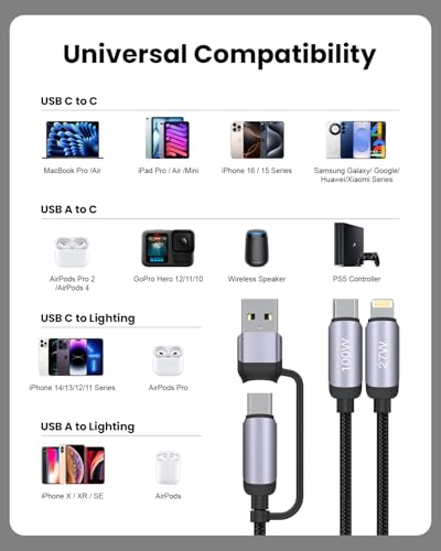 100W Multi USB Charging Cable, USB C and Lightning Cable 2-in-1, 5A USB C/A Nylon Braided Multi Charger Adapter Cord with LED Indicator for iPhone 17 16 15 14 13, iPad, Galaxy, Note, Macbook - Black - style: 4-in-1 6FT