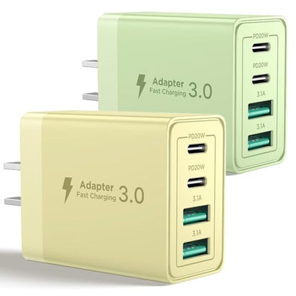 [2-Pack] USB C Charger Block, 4 in 1 iPhone Charger, PD 3.0 40W Charging Blocks, QC 2A USB Wall Charger for iPhone 17 16 15 14 13 12 Pro Max, iPad - color: Yellow + Green