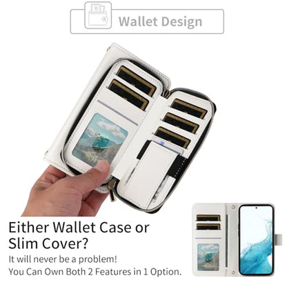 Wallet Case for Samsung Galaxy S21 5G 6.2 inch with Wrist Strap, 9+ Card Slots Zipper Purse, Luxury PU Leather Stand Full Body Accessories Cell Phone Cover for S 21 21S G5 Women Girls White | Girls, Wrist/Shoulder Strap, 9+ Card Slots Zipper Purse, Luxury