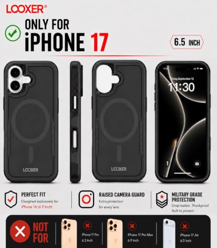 LOOXER® Heavy Duty Rugged Magnetic Case for iPhone 17 (6.3”) | Military Grade Shockproof Protection,MagSafe Compatible+ Tempered Glass Included (Black, 17) - color: Black, size: 17