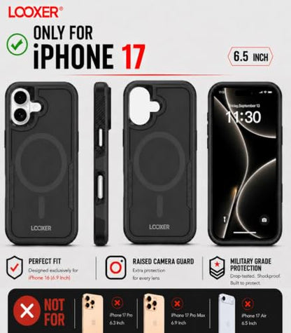 LOOXER® Heavy Duty Rugged Magnetic Case for iPhone 17 (6.3”) | Military Grade Shockproof Protection,MagSafe Compatible+ Tempered Glass Included (Black, 17) - color: Black, size: 17