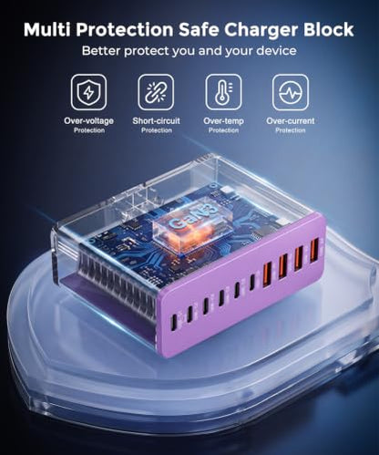 USB C Charging Station 10 Port with 4 Cables,245W GaN Charger Block - color: Purple