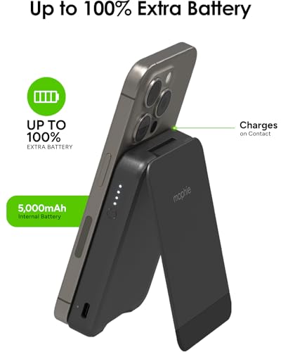 Mophie Snap+ Powerstation Mini with Stand - 5000mAh,15W Qi2 Magnetic Wireless Charger, Portable, Compatible with MagSafe & Qi-Enabled Smartphones, with Kickstand, USB C to USB C Cable Included, Black