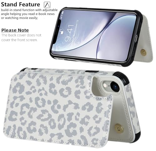 iCoverCase Compatible with iPhone XR Wallet Case with Card Holder and Wrist Strap, RFID Blocking Card Slots PU Leather Kickstand Protective Phone Case (Gray Leopard)