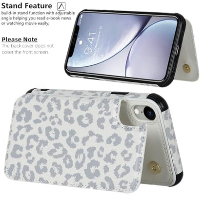iCoverCase Compatible with iPhone XR Wallet Case with Card Holder and Wrist Strap, RFID Blocking Card Slots PU Leather Kickstand Protective Phone Case (Gray Leopard)