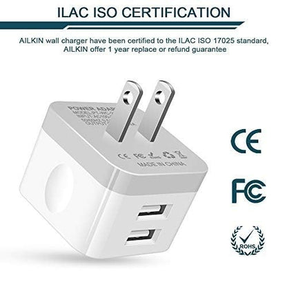 2Pack USB Wall Charger Plug, AILKIN 2.4A Dual Port USB Adapter Power Cube - color: White, style: 2Pack USB Wall Chargers