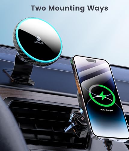 for Magsafe Car Mount Charger 15W LED RGB Car Phone Holder for Dash Vent - color: Carbon Fiber