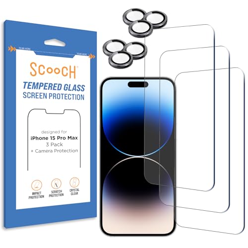 Scooch (5-in-1 Compatible with iPhone 15 Pro Max Screen Protector (3-Pack) with Camera Lens Protector (2-Pack) Premium 9H Tempered Glass, Anti-Scratch, Anti-Fingerprint, Impact Resistant - size: iPhone 15 Pro Max