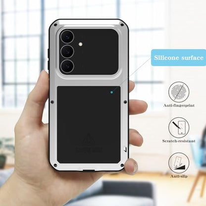 LOVE MEI Military Rugged Case for Samsung Galaxy S25 FE 5G, with Tempered Glass Screen Protector, Shockproof Dustproof Scratch Proof Hybrid Metal and Silicone Gel Heavy Duty Full Body Cover (Silver) - color: Silver