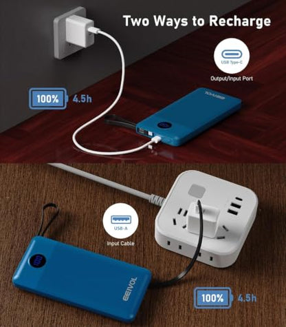 Portable Charger with 4 Built-in Cables, 10000mAh Power Bank, Blue - color: Blue