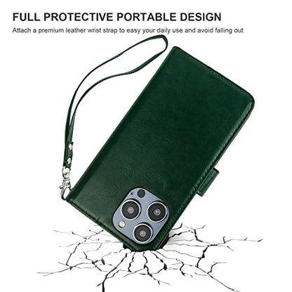 Bocasal Detachable Wallet Case Card Holder for iPhone 14 Pro Max Green | RFID Blocking Kickstand Card Slots Holder PU Leather Magnetic Shockproof Wrist Strap Removable Flip Protective Cover 6.7 inch - color: Green