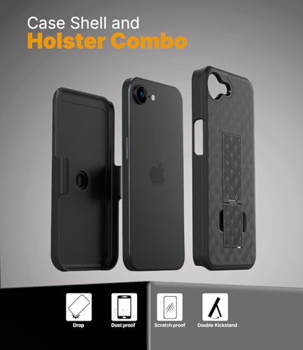 MOTIVE for iPhone 16e Case with Belt Clip, Rigid, Kickstand | 6.1" | Ranger v1 Series, Black, 360° holster, open-top/open-bottom port access, textured grip, slim - size: iPhone 16e