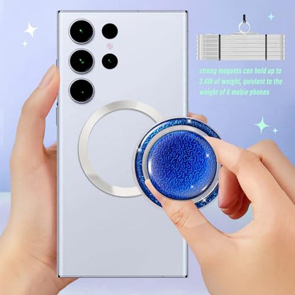 Magnetic Phone Grip, Magnetic Collapsible Expandible Mobile Phone Grips Stand Holder for iPhone 17 16 15 14 13 12 Series, Sparkly Transparent Blue
