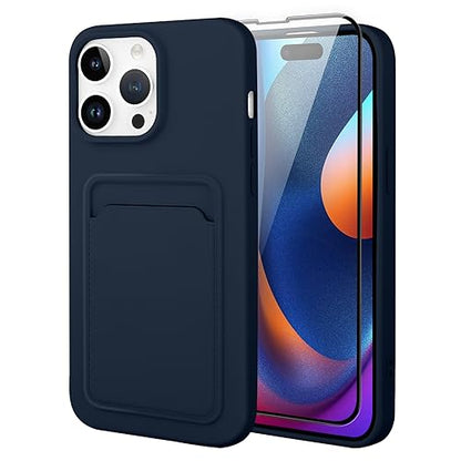 MZELQ Compatible with iPhone 15 Pro Case Card Holder -Blue | Wallet Cover,Camera Protection + Screen Protector Soft Card Slot Phone Case - color: Blue, size: iPhone 15 Pro