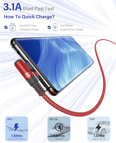 USB to USB C Cable 3.1A Fast Charge Right Angle CarPlay 6.6ft 2-Pack Red - color: Red, size: 6.6ft+6.6ft