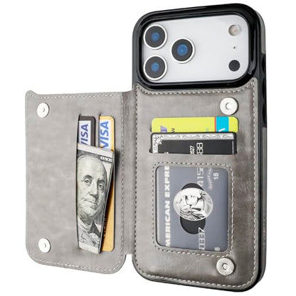ONETOP for iPhone 17 Pro Max Wallet Case with Credit Card Holder,Gray | Kickstand,ID/Cash Holder,Case Wallet with Card Slots,Double Magnetic Clasp,Durable PU Leather Shockproof Cover for Women Men - color: Gray