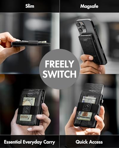 iwantit 3 in 1 Magsafe Wallet Men: Bifold Wallet + Magnetic Wallet for iPhone - Detachable Cash Strap, Smart Pop Up Card Holder, ID Window, Premium Leather (Black) - color: Black