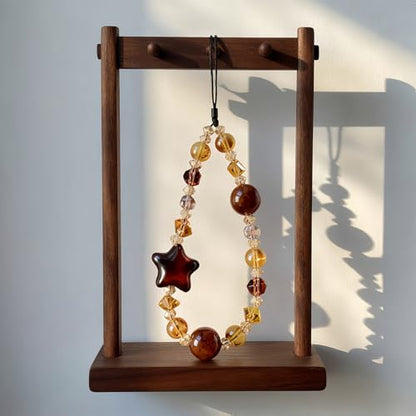 Cute Leopard Beaded Phone Charm, Brown Star Phone Wrist Strap - color: Leopard Star