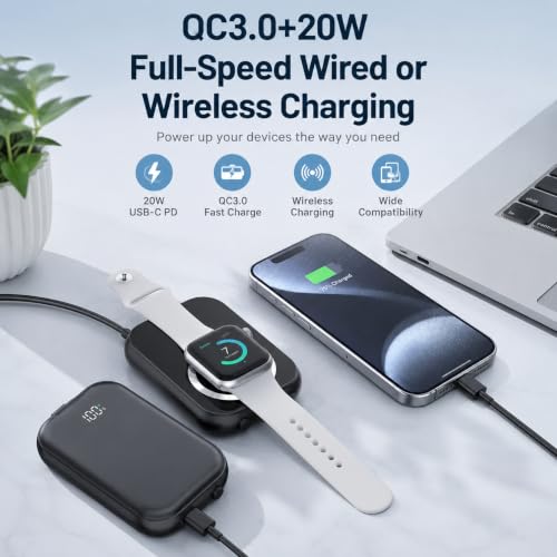 Magnetic Power Bank, Compact 10,000mAh Magnetic Wireless Portable Charger with 20W Max Fast Charging,for iPhone 16/15/14/13/12Series,AirPods,and More-Black