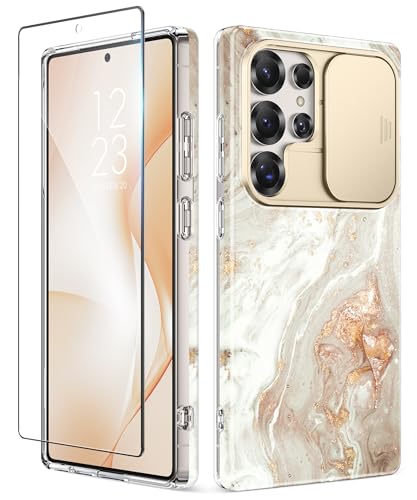 GVIEWIN for Samsung Galaxy S25 Ultra Case with Slide Camera Cover, [Screen Protector] [Shockproof Military Grade Drop Protection] Marble Slim Fit Hard PC Phone Cover S25 Ultra 6.9" 2025 (Pearlescent) - color: B-Pearlescent/Gold, size: For Galaxy S25 Ultra