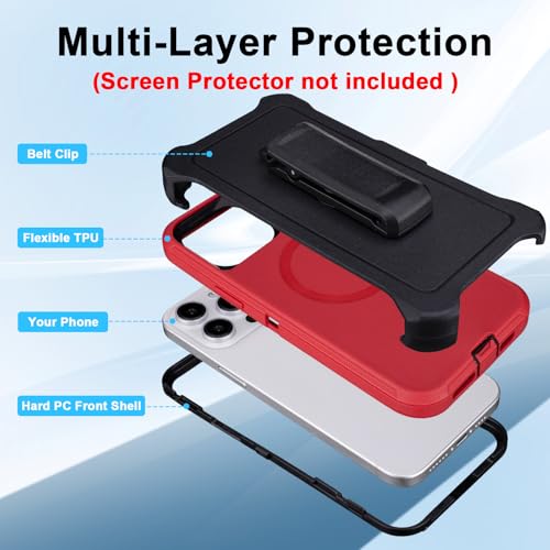 Magnetic for iPhone 13 Pro Max Case with Belt Clip Holster, Black Red | Heavy Duty Military Grade Drop Protection Case for iPhone 13 Pro Max, 6.7", with 360°Rotating Kickstand 6.7" - color: Red+Black