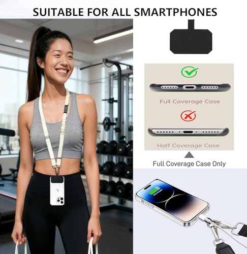 Phone Lanyard Crossbody Wrist Strap, Adjustable Clip and Go Strap for Phone with Wallet Crossbody for iPhone with Phone Tethers & Retractable ID Badge Card Holder-Beige - color: With Retractable Keychain-white