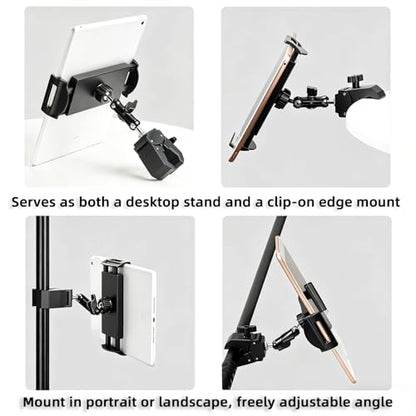 Adjustable Tablet Mount, 360° Rotating iPad Holder for Treadmill Spin Bike Stroller Wheelchair Golf Cart, Pole Clamp Mount for 4.7"-12.9" Tablets Phones