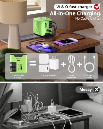W & O 60W Gan Fast Charger Wall Plug, Built-in Retractable USB-C & L Cables - color: Green