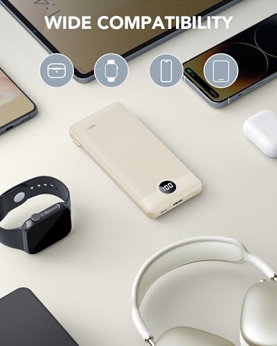 Portable Charger Built-in Cables and AC Wall Plug, USB C Power Bank 10000mAh, Travel Battery Portable Phone Charger Compact Lightweight External Battery Pack for Smart Phones, Tablets etc-Light Coffee - color: Light Coffee