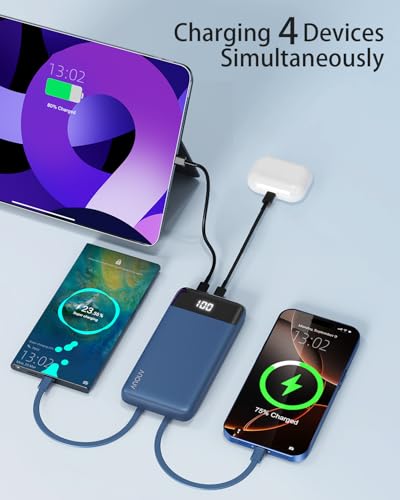 Portable Charger Power Bank w/Built-in Cables 10000mAh LED Display, Navy - color: Navy