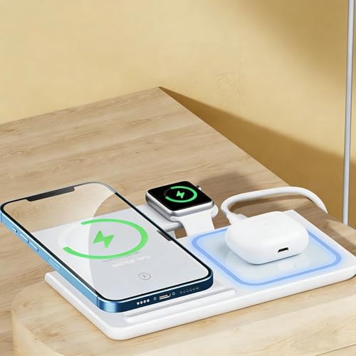 Wireless Charging Station 3 in 1 for Phone Watch and Earbuds Compact Desktop Charging Stand Flat Base Design for Home Office Travel, 6.5 x 6.5 x 0.8 Inch - color: white