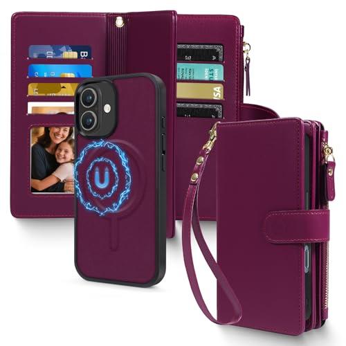 Magnetic Case for iPhone 17 Wallet Compatible with Magsafe RFID Blocking Card Holder Detachable Phone Cover Kickstand Snap Strap Zipper Pocket PU Leather 6.3 inch (Burgundy) - color: Burgundy, size: iPhone 17
