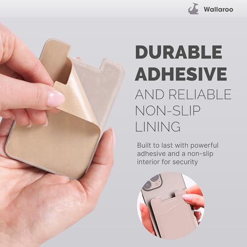 Wallaroo Premium Leather Cell Phone Wallet Stick On - Android and iPhone Wallet and Card Holder for Women and Men - Durable with Non-Slip Lining Secures Up to 3 Cards - color: Beige Leather
