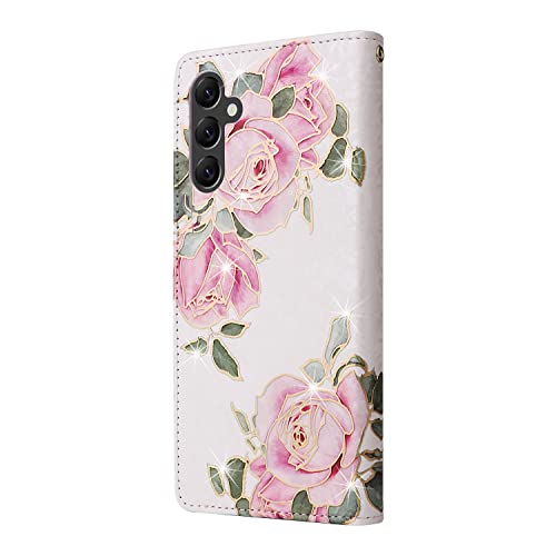 UEEBAI Wallet Case for Samsung Galaxy A34 5G, PU Leather Phone Cover Kickstand RFID Blocking Flip Case Card Slots Wrist Strap Relief Engraved Pattern Magnetic Closure Folio Cover - White Rose - color: White Rose, size: Samsung Galaxy A34 5G