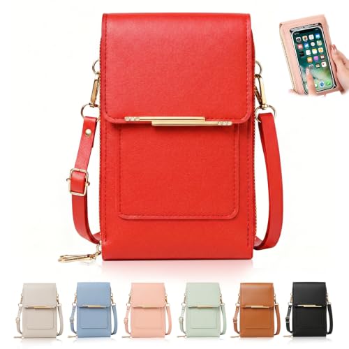 Touchscreen Phone Crossbody Bag for Women,2026 Small Anti Theft Leather Bag,Adjustable PU Leather Phone Bag - color: Red