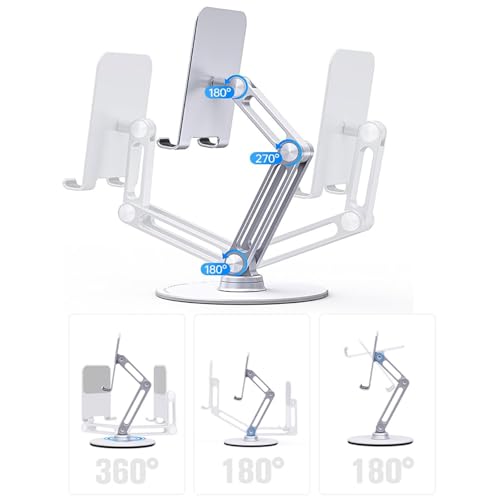Cell Phone & Tablet Stand for Desk, Adjustable 360° Swivel Aluminum Alloy Desktop Phone Holder with 360-degree Rotating Base and Dual Axis Adjustment for 4"-13" Phone and Tablet - color: L08-Silver