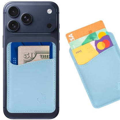 Wallaroo Premium Leather Cell Phone Wallet Stick On - Android and iPhone Wallet and Card Holder for Women and Men - Durable with Non-Slip Lining Secures Up to 3 Cards - color: Pastel Blue Leather